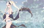  1girl bare_legs bikini bilibilida black_kimono blue_bikini blue_sky blush bow breasts cleavage closed_mouth cloud cloudy_sky commentary cowboy_shot day dragon_horns eyebrows_visible_through_hair fan fate/grand_order fate_(series) floating_clothes floating_hair folding_fan frilled_bikini frills from_side hair_bow highres holding holding_fan horns japanese_clothes kimono kiyohime_(fate) kiyohime_(swimsuit_lancer)_(fate) long_hair looking_at_viewer medium_breasts ocean off_shoulder open_clothes open_kimono outdoors ponytail red_eyes reflection silver_hair sky smile solo string_bikini swimsuit thighs wind yellow_bow 