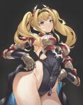  1girl bangs black_leotard blonde_hair blue_eyes blush breasts cape covered_navel granblue_fantasy hair_intakes hairband highleg highleg_leotard highres large_breasts leotard long_hair looking_at_viewer parfaitlate red_armor sidelocks smile thighs twintails zeta_(granblue_fantasy) 