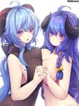  2girls ahoge artist_name blue_hair bodysuit braid breast_press breasts brown_bodysuit closed_mouth clothed_female_nude_female crossover dated ddangbi eyebrows_visible_through_hair ganyu_(genshin_impact) genshin_impact goat_horns hair_between_eyes horns interlocked_fingers kindred_(league_of_legends) lamb_(league_of_legends) large_breasts league_of_legends long_hair looking_at_viewer multiple_girls navel nude open_mouth pink_eyes simple_background single_braid sleeveless_bodysuit symmetrical_docking white_background 
