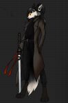  achtray anthro ash black_body black_fur blue_eyes bottomwear canid canine canis cargo_pants clothing coat female fox fur grey_body grey_fur hair hi_res katana mammal melee_weapon pants ponytail skinny solo standing sword topwear trenchcoat turtleneck weapon wolf 
