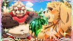  2021 anthro belly blush brown_body brown_fur canid canine duo eyes_closed eyewear food fruit fur glasses goemon_(tas) humanoid_hands kemono male mammal melon navel outside overweight overweight_male plant raccoon_dog rossciaco tanuki tokyo_afterschool_summoners ursid video_games volos watermelon watermelon_slice 