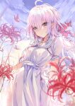  1girl ahoge blush breasts bug butterfly cloud day dress eyebrows_visible_through_hair eyes_visible_through_hair flower hair_ribbon highres holding holding_flower insect koomoi light_purple_hair long_hair looking_at_viewer medium_breasts original purple_eyes red_butterfly ribbon sky solo spider_lily standing white_dress 