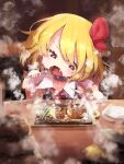  1girl bangs black_vest blonde_hair blush cup eating fangs food fork gomeifuku good_meat_day hair_ribbon highres holding holding_fork holding_knife knife meat open_mouth plate red_eyes ribbon rumia shirt short_hair sitting solo steak steam sweat sweating_profusely table touhou vest 