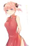  1girl :d arms_behind_back blue_eyes blush bun_cover china_dress chinese_clothes cowboy_shot double_bun dress floating_hair gintama kagura_(gintama) light_brown_hair looking_at_viewer nuka open_mouth red_dress shiny shiny_hair short_hair side_slit simple_background sketch sleeveless sleeveless_dress smile solo standing tears white_background 