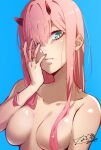  1girl absurdres aqua_eyes blue_background breasts closed_mouth completely_nude darling_in_the_franxx hair_between_eyes hair_censor hair_over_breasts highres horns long_hair looking_at_viewer medium_breasts nail_polish nakoya_(nane_cat) nude pink_hair purple_nails shiny shiny_hair shiny_skin signature simple_background solo straight_hair twitter_username upper_body very_long_hair zero_two_(darling_in_the_franxx) 