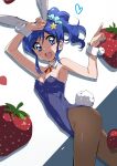  1girl :d absurdres aikatsu! aikatsu!_(series) animal_ears arm_up bangs blue_eyes blue_hair blue_leotard blue_scrunchie breasts bunny_ears bunny_tail commentary covered_navel cowboy_shot detached_collar eyebrows_visible_through_hair fake_animal_ears fake_tail food fruit hair_ornament hair_scrunchie heart highres kiriya_aoi legs leotard looking_at_viewer medium_hair neck_ribbon open_mouth pantyhose playboy_bunny pointing red_neckwear ribbon scrunchie side_ponytail small_breasts smile solo standing star_(symbol) star_hair_ornament strapless strapless_leotard strawberry tail tokiani wing_collar wrist_cuffs 