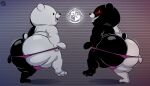  2021 anthro anus big_butt black_body black_butt black_eyes black_nose bulge butt butt_focus clothing clothing_pull danganronpa duo genetic_chimerism glistening glistening_butt glowing glowing_eyes grin hi_res male mammal monokuma multicolored_body multicolored_butt pink_clothing pink_underwear rear_view red_eyes signature smile teeth thick_thighs trashtoonz two_tone_body underwear underwear_pull ursid white_body white_butt 