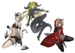  3girls animal_ears aonogura arknights bandeau black_footwear black_gloves black_jacket black_legwear black_pants black_shorts black_tubetop boots breasts brown_eyes checkered checkered_headwear cliffheart_(arknights) closed_mouth coat commentary dagger dinosaur_tail dragon_tail earrings estelle_(arknights) full_body fur-trimmed_hood fur_trim gloves green_gloves green_hair grey_shirt hair_between_eyes hat highres holding holding_dagger holding_weapon hood hooded_coat hook horns jacket jewelry kneeling leopard_ears leopard_tail long_hair looking_at_viewer mask_around_neck multiple_girls navel open_clothes open_coat open_jacket open_mouth oripathy_lesion_(arknights) pants projekt_red_(arknights) red_coat red_eyes red_jacket shirt short_hair short_shorts shorts silver_eyes silver_hair simple_background single_earring single_thighhigh small_breasts smile squatting stomach strapless tail tassel tassel_earrings thigh_strap thighhighs tubetop two-tone_gloves weapon white_background white_headwear wolf_ears wolf_tail 