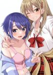  2girls :d akira_(jitsuimo) bangs blue_hair blue_jacket blush bow breast_pocket breasts brown_cardigan brown_eyes brown_hair camisole cardigan cardigan_around_waist class_no_gyaru_ga_nazeka_ore_no_gimai_to_nakayoku_natta. cleavage clothes_around_waist collarbone collared_shirt commentary_request crop_top crossover dress_shirt earrings eyebrows_visible_through_hair grey_background grey_eyes grin hair_between_eyes hair_ornament hairclip highres jacket jewelry jitsu_wa_imouto_deshita. komori_kuzuyu large_breasts long_hair long_sleeves looking_at_viewer medium_breasts midriff mole mole_on_breast mole_under_eye multiple_girls nail_polish navel necklace off_shoulder one_eye_closed open_clothes open_jacket open_mouth pink_camisole pink_nails pink_scrunchie plaid plaid_skirt pleated_skirt pocket red_bow red_skirt school_uniform scrunchie shiny shiny_hair shirt short_hair skirt smile stud_earrings takarai_yua teeth v very_long_hair w white_background white_shirt wrist_scrunchie 