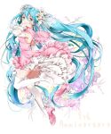  1girl bangs blue_eyes blue_hair breasts closed_mouth detached_sleeves dress floating_hair flower from_side full_body hair_between_eyes hair_flower hair_ornament hatsune_miku high_heels kyashii_(a3yu9mi) layered_dress lily_(flower) long_hair long_sleeves medium_breasts pink_capelet pink_dress pink_footwear pumps see-through shiny shiny_hair sleeveless sleeveless_dress solo thighhighs very_long_hair vocaloid white_background white_flower white_legwear white_sleeves 