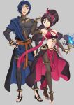  1boy 1girl absurdres alternate_costume anklet arm_up bangs bare_shoulders black_hair blue_eyes blue_hair bodystocking bodysuit breasts bridal_gauntlets brown_eyes cleavage closed_mouth earrings ebinku feathers fingernails fire_emblem fire_emblem:_thracia_776 fire_emblem_heroes full_body gradient gradient_clothes hair_ornament highres holding jewelry lara_(fire_emblem) lips loincloth long_hair looking_at_viewer medium_breasts midriff muscular nail_polish navel one_eye_closed open_mouth pelvic_curtain perne_(fire_emblem) ponytail revealing_clothes sandals sheath sheathed shiny shiny_clothes shiny_hair silver_background simple_background skin_tight smile standing sword tiara tied_hair toe_ring toeless_footwear toeless_legwear toes toned weapon 
