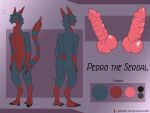  2021 4:3 anthro balls biped bodily_fluids claws digital_media_(artwork) feet fur genital_fluids genitals male mammal model_sheet penis prismanoodle_(artist) raised_tail sergal simple_background smile solo southern_sergal standing text toe_claws toes url 