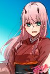  1girl :d absurdres aqua_eyes bangs blue_background blunt_bangs darling_in_the_franxx eyebrows_visible_through_hair floating_hair floral_print highres horns japanese_clothes kimono long_hair looking_at_viewer makeup mascara nakoya_(nane_cat) obi open_mouth pink_hair print_kimono red_kimono sash shiny shiny_hair signature sketch smile solo straight_hair twitter_username upper_body very_long_hair zero_two_(darling_in_the_franxx) 