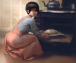  1girl apron black_hair brown_eyes food full_body hair_between_eyes infi kettle mikasa_ackerman oven oven_mitts parted_lips pie pink_apron pot shingeki_no_kyojin short_hair smile solo squatting tray 