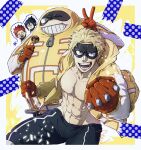  3boys abs bare_pecs black_hair blonde_hair blue_eyes boku_no_hero_academia character_request cropped_legs eye_mask fat fat_man fatgum food gloves highres hood hooded_jacket jacket looking_at_viewer mahoubin_(totemo_hot_dayo) male_focus mask multiple_boys muscular muscular_male navel nipples open_clothes open_jacket pants pectorals red_gloves short_hair smile spiked_hair sukiyaki thighs track_pants v yellow_jacket 