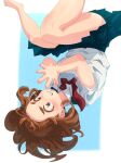  &gt;:q 1girl absurdres angry bangs bare_legs barefoot blue_skirt blush boku_no_hero_academia brown_eyes brown_hair ehuw5238 floating floating_hair forehead hands_together highres legs_together midair red_neckwear school_uniform shirt short_hair short_sleeves sidelocks skirt teeth upside-down uraraka_ochako white_shirt 