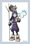  1girl ainu_clothes asirpa bandana blue_bandana blue_eyes blue_hair boots earrings full_body fur_boots golden_kamuy highres jewelry long_hair looking_at_viewer pokemon simple_background yoshi_(moco1) 