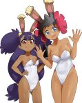  2girls absurdres alternate_costume bangs blue_eyes blush breasts buneary cleavage closed_mouth collarbone commentary covered_navel dark_skin dark_skinned_female english_commentary eyelashes flower gen_4_pokemon hair_flower hair_ornament hair_tie hand_on_hip hands_up height_difference highres iris_(pokemon) leaning_to_the_side leotard long_hair looking_at_viewer monkey_jon multiple_girls open_mouth phoebe_(pokemon) playboy_bunny pokemon pokemon_(game) pokemon_bw pokemon_ears pokemon_oras purple_hair red_eyes short_hair smile tied_hair white_leotard 