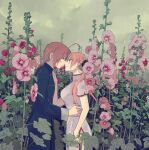  1boy 1girl ahoge blush brother_and_sister bun_cover china_dress chinese_clothes closed_mouth cloud cloudy_sky couple cowboy_shot dress field flower flower_field from_side gintama grey_dress hand_on_another&#039;s_hip hand_on_another&#039;s_shoulder hetero highres imminent_kiss incest kagura_(gintama) kamui_(gintama) long_hair nuka orange_hair pink_flower rain red_hair shiny shiny_hair short_sleeves siblings side_slit sky twintails 