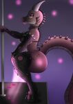  adult_swim anthro biped breasts butt cartoon_network clothed clothing crouching female female/female footwear high_heels horn interstellar_demon_stripper lights looking_back rick_and_morty scalie seductive shoes smile solo spikes thick_thighs wide_hips 