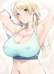  1girl armpits blonde_hair blue_eyes blush breasts cleavage collarbone commentary_request covered_nipples eyebrows_visible_through_hair hachimiya_meguru hair_ornament highres idolmaster idolmaster_shiny_colors large_breasts long_hair looking_at_viewer low_twintails navel short_hair solo star_(symbol) star_hair_ornament sunaba_suzume sweat twintails 