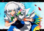  1girl :d apron aqua_eyes bangs between_fingers blue_background blue_dress blue_ribbon bow braid breasts commentary_request day dress eyebrows_visible_through_hair floating_hair gradient_eyes green_bow hair_bow hair_ribbon holding holding_knife izayoi_sakuya knife letterboxed light_blush long_hair looking_at_viewer maid_apron maid_headdress medium_breasts multicolored multicolored_eyes open_mouth outdoors outside_border petals petticoat puffy_short_sleeves puffy_sleeves qqqrinkappp rainbow ribbon short_sleeves side_braids silver_hair simple_background sky smile solo throwing_knife touhou traditional_media tress_ribbon twin_braids waist_apron weapon white_apron white_headwear 
