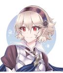  1girl alternate_hair_length alternate_hairstyle armor bangs blonde_hair blue_cape cape closed_mouth commentary_request corrin_(fire_emblem) corrin_(fire_emblem)_(female) eyebrows_visible_through_hair fire_emblem fire_emblem_fates hair_between_eyes hairband highres looking_at_viewer n_54 portrait puffy_sleeves red_eyes shiny shiny_hair short_hair smile solo 