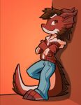  anthro bottomwear brown_hair claws clothed clothing crossed_arms denim denim_clothing dragon eyeball6300_(chiv) facial_hair fin flannel hair hi_res horn jacket jeans male pants red_body red_eyes red_skin sideburns solo tail_hair topwear 