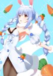  1girl :o absurdres animal_ear_fluff animal_ears armpits bangs bare_shoulders black_legwear black_leotard blue_background blue_hair braid breasts bunny-shaped_pupils bunny_ears bunny_tail carrot_hair_ornament clothing_cutout coat detached_sleeves don-chan_(usada_pekora) eyebrows_visible_through_hair food_themed_hair_ornament fur-trimmed_coat fur-trimmed_gloves fur_scarf fur_trim gloves hair_between_eyes hair_ornament highres hikimayu hololive hopping leotard leotard_under_clothes long_hair looking_at_viewer medium_breasts multicolored_hair open_mouth orange_eyes outstretched_arms pantyhose playboy_bunny puffy_short_sleeves puffy_sleeves rabbit_girl scarf short_eyebrows short_sleeves solo strapless strapless_coat strapless_leotard tail thick_eyebrows twin_braids twintails twitter_username two-tone_hair umitorin underboob_cutout usada_pekora virtual_youtuber white_coat white_hair white_scarf white_sleeves 