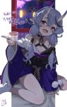  1girl alcohol arm_support bare_shoulders between_legs black_hair blush breasts choker cleavage commentary_request cup drinking_glass fang hair_ornament hair_ribbon hair_stick hair_tubes hand_between_legs highres holding holding_cup horns japanese_clothes kimono light_purple_hair long_hair mole mole_on_thigh mole_under_mouth multicolored_hair nijisanji o-ring o-ring_choker obi oni oni_horns open_mouth pointy_ears pom_pom_(clothes) purple_eyes purple_kimono purple_ribbon ribbon rindou_mikoto rkrk sash short_eyebrows short_kimono sitting skin-covered_horns sleeves_past_wrists socks solo streaked_hair thick_eyebrows virtual_youtuber wariza white_legwear wide_sleeves 