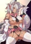  1girl :q \m/ animal_ears areola_slip areolae ass bare_shoulders black_gloves black_panties blush body_writing breasts condom condom_wrapper dark_skin dark_skinned_female fox_ears fox_tail garter_straps gloves grey_hair half_gloves lifted_by_self looking_at_viewer original panties purple_eyes skirt skirt_lift solo tail tajima_ryuushi tally thighhighs tongue tongue_out twintails underwear white_legwear 