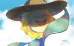  closed_eyes cloud commentary_request dated day gen_2_pokemon hat hatted_pokemon no_humans null_suke one-hour_drawing_challenge open_mouth outdoors pokemon pokemon_(creature) signature sky smile solo straw_hat sunflora tongue 