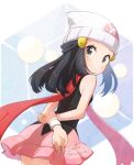  1girl beanie black_eyes black_hair closed_mouth dawn_(pokemon) hat highres miniskirt miu_(miuuu_721) pink_skirt pokemon scarf skirt smile solo 