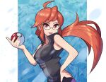  1girl bangs bare_shoulders black_shirt elite_four glasses hand_on_hip highres lipstick long_hair looking_at_viewer lorelei_(pokemon) makeup open_mouth poke_ball pokemon pokemon_(game) pokemon_frlg popped_collar red_eyes red_hair sgnj1838 shirt sleeveless sleeveless_shirt smile solo 