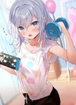  1girl :o arm_up armpit_peek bangs bare_arms blue_eyes blush breasts carpet cleavage clock clothes_writing collarbone cowboy_shot dumbbell eyebrows_visible_through_hair flying_sweatdrops highres indoors kanda_done long_hair looking_at_viewer medium_breasts nintendo_switch open_mouth original print_shirt shirt silver_hair solo sweat weightlifting white_shirt 