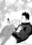  2boys alternate_costume bara boku_no_hero_academia casual couple facial_hair feathered_wings from_side grabbing greyscale hawks_(boku_no_hero_academia) highres holding holding_phone large_pectorals male_focus mature_male monochrome multiple_boys muscular muscular_male pain-lucky777 pectoral_grab pectoral_pillow phone profile scar scar_across_eye short_hair sideburns sleeping sleeping_on_person spiked_hair stubble todoroki_enji upper_body wings yaoi 