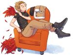  1boy armchair belt black_footwear black_gloves black_legwear black_shirt blonde_hair boku_no_hero_academia boots brown_jacket brown_pants buttons chair clenched_hand closed_eyes closed_mouth commentary_request crossed_ankles earrings facial_hair feathered_wings feathers full_body fur-trimmed_jacket fur_trim gloves gloves_removed hand_on_shoulder hawks_(boku_no_hero_academia) jacket jacket_removed jewelry male_focus miso_(mimimiso) pants pocket red_feathers red_wings shadow shedding shirt shoe_soles short_hair short_sleeves shoulder_massage sitting_sideways socks solo stubble too_many too_many_feathers wings 