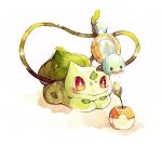  blush bright_pupils bulbasaur closed_mouth flower gen_1_pokemon holding holding_watering_can lying on_stomach plant poke_ball_print pokemon pokemon_(creature) red_eyes rrrpct smile solo squirtle traditional_media vines watercolor_(medium) watering watering_can 