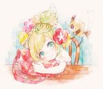  1girl bag bangs blonde_hair blush braid chair child closed_mouth comfey eyebrows_visible_through_hair flower gen_7_pokemon green_eyes lillie_(pokemon) looking_up pokemon pokemon_(creature) pokemon_(game) pokemon_sm red_bag ribombee rrrpct short_sleeves smile table traditional_media watercolor_(medium) 