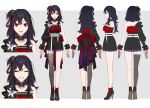  1girl ^_^ black_flower black_hair black_skirt breasts character_sheet closed_eyes collarbone detached_collar flower from_behind from_side full_body hair_flower hair_ornament highres indie_virtual_youtuber kurosaki_yuria loalo long_hair medium_breasts multiple_views official_art open_hands open_mouth red_eyes second-party_source single_sleeve single_thighhigh skirt standing thighhighs virtual_youtuber white_background wrist_cuffs 