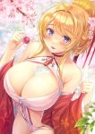  1girl azur_lane bangs blonde_hair blue_eyes breasts cherry_blossoms eyebrows_visible_through_hair floral_print flower glorious_(azur_lane) glorious_(pungent_plum)_(azur_lane) hair_flower hair_ornament highres himamo japanese_clothes kimono large_breasts looking_at_viewer open_mouth parted_bangs ponytail print_kimono red_kimono short_hair smile solo sweat 