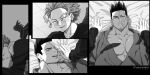  2boys :q blush boku_no_hero_academia collarbone couple facial_hair feathered_wings feathers greyscale hawks_(boku_no_hero_academia) highres japanese_clothes kimono kiss large_pectorals looking_at_another lying male_cleavage male_focus mature_male monochrome multiple_boys muscular muscular_male on_bed on_stomach open_clothes open_kimono popo_take scar scar_across_eye sequential short_hair sideburns smile spiked_hair stubble todoroki_enji tongue tongue_out wings yaoi 