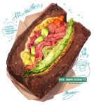  blurry bread bread_slice food food_focus highres meat momiji_mao no_humans original realistic sandwich simple_background sparkle still_life translation_request vegetable white_background 
