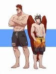  2boys abs arm_hair bara bare_pecs black_male_swimwear blonde_hair blue_eyes boku_no_hero_academia chest_hair couple crossed_arms diving_mask diving_mask_on_head facial_hair feathered_wings fukurau full_body hairy hawks_(boku_no_hero_academia) highres jammers large_pectorals leg_hair male_focus male_swimwear mature_male multiple_boys muscular muscular_male navel nipples orange_male_swimwear red_hair scar scar_across_eye short_hair sideburns spiked_hair stubble swim_trunks swimwear todoroki_enji toned toned_male wings 