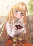  1girl blonde_hair blue_eyes blush breasts chocolate couch eating eyebrows_visible_through_hair food food_on_face fujishiro_kokoa highres indoors large_breasts long_hair long_sleeves original pleated_skirt red_skirt ribbed_sweater sitting skirt solo sweater turtleneck turtleneck_sweater valentine waist_bow white_sweater 