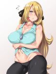  1girl aqua_shirt arms_under_breasts bare_arms bare_shoulders black_pants blonde_hair blue_eyes breast_hold breasts cameltoe casual cleavage collarbone contrapposto covered_nipples cowboy_shot crop_top crossed_arms curvy cynthia_(pokemon) duplicate eyebrows_visible_through_hair flying_sweatdrops front-tie_top grey_background groin hair_ornament hair_over_one_eye head_tilt highres impossible_clothes inverted_nipples large_breasts long_hair looking_at_viewer midriff moisture_(chichi) navel no_bra no_panties pants parted_lips plump pokemon pokemon_(game) pokemon_dppt puffy_nipples shiny shiny_hair shiny_skin shirt sidelocks sleeveless sleeveless_shirt solo standing tareme taut_clothes tight tight_pants very_long_hair 