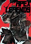  1other ambiguous_gender apex_legends bloodhound_(apex_legends) cable copyright_name feathers goggles helmet holding holding_knife knife looking_at_viewer mask mouth_mask open_hand red_background solo western_osakabe 