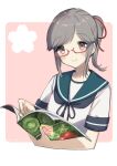  1girl bespectacled blue_sailor_collar brown_eyes commentary_request eating floral_background glasses grey_hair holding holding_magazine kantai_collection long_hair magazine open_magazine pink_background red-framed_eyewear sailor_collar school_uniform serafuku solo two-tone_background upper_body usugumo_(kancolle) yamashichi_(mtseven) 