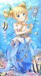  1girl :d absurdres air_bubble animal bangs bare_shoulders blonde_hair blue_eyes bottle bubble bunny choker collarbone commentary_request coral crown day detached_sleeves eyebrows_visible_through_hair fish gochuumon_wa_usagi_desu_ka? green_choker green_ribbon hair_ribbon harp highres instrument kirima_sharo looking_at_viewer mermaid mini_crown monster_girl monsterification ocean_bottom open_mouth outdoors polearm puffy_short_sleeves puffy_sleeves ribbon scar scar_across_eye seashell shell short_sleeves sidelocks smile stick_jitb strapless tedeza_rize trident twintails underwater water weapon white_sleeves wild_geese 