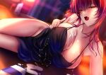  1girl akeyama_kitsune apron azur_lane black_apron breasts cleavage eyebrows_visible_through_hair indoors large_breasts long_hair looking_at_viewer lying milk_carton naked_apron on_side red_hair sexually_suggestive solo spilled_milk suggestive_fluid tongue tongue_out zara_(azur_lane) 
